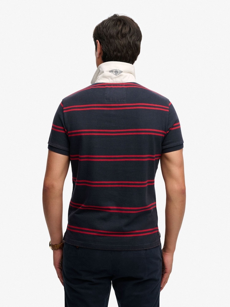 Superdry Blue Double Emblem Jersey Short Sleeve Rugby Polo Shirt - Image 2 of 6 Superdry Blue Double Emblem Jersey Short Sleeve Rugby Polo Shirt - Image 2 of 6