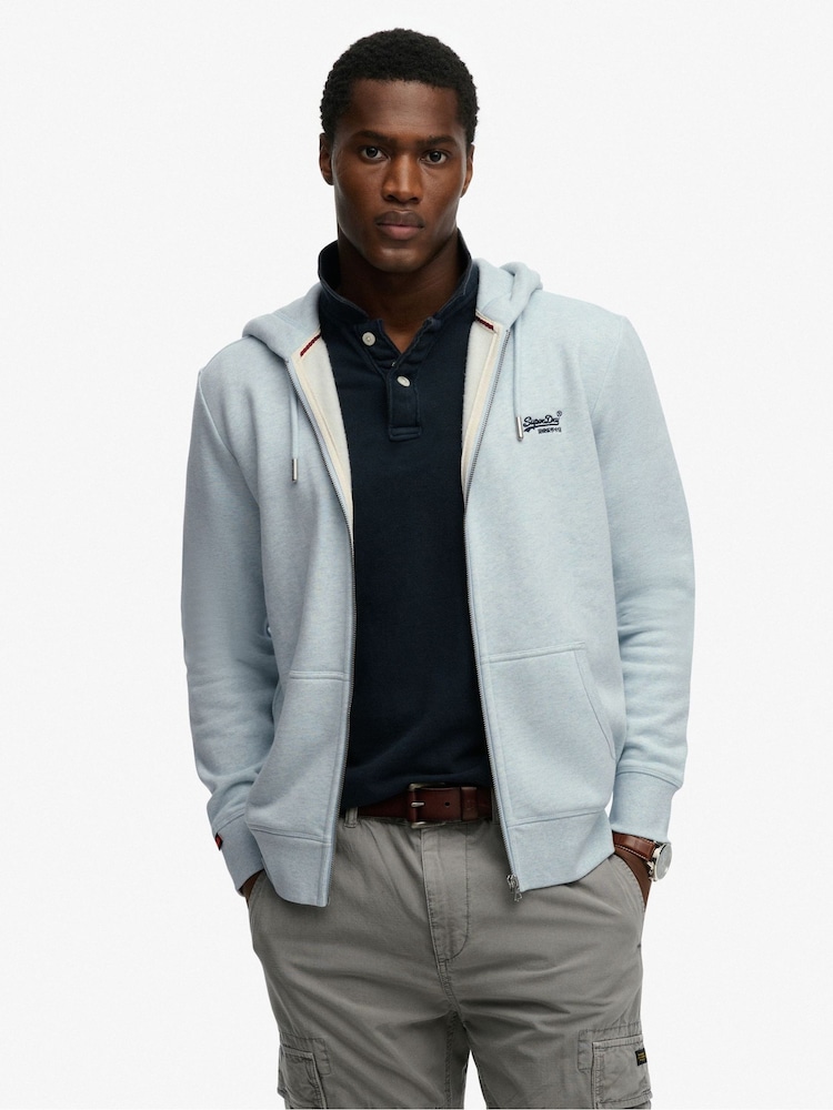 Superdry Light Blue Essential Logo Half Brushed Zip Hoodie - Image 1 of 7 Superdry Light Blue Essential Logo Half Brushed Zip Hoodie - Image 1 of 7
