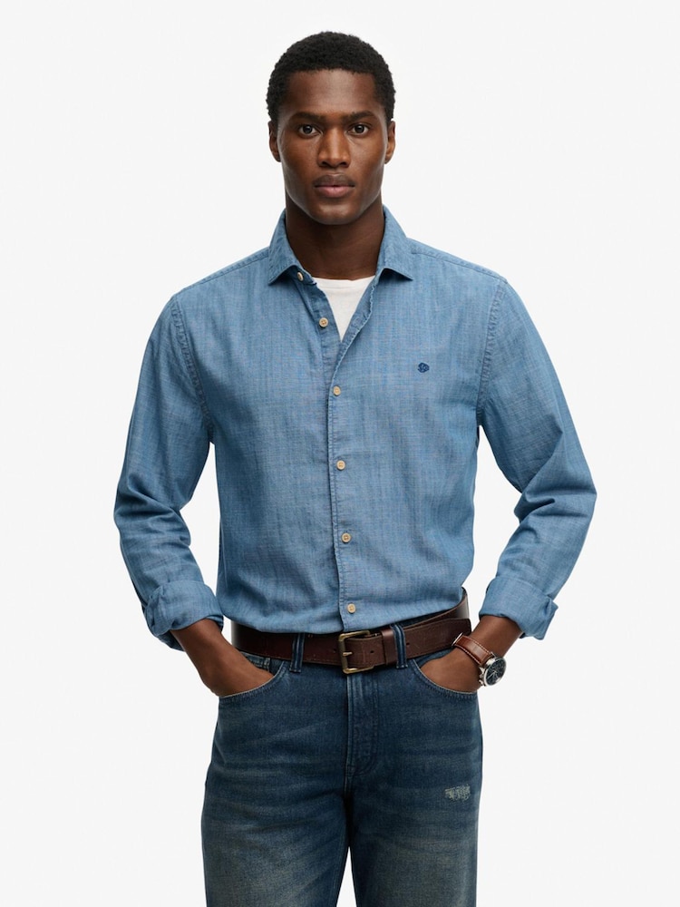 Superdry Blue Essentials Chambray Long sleeve Shirt - Image 1 of 6