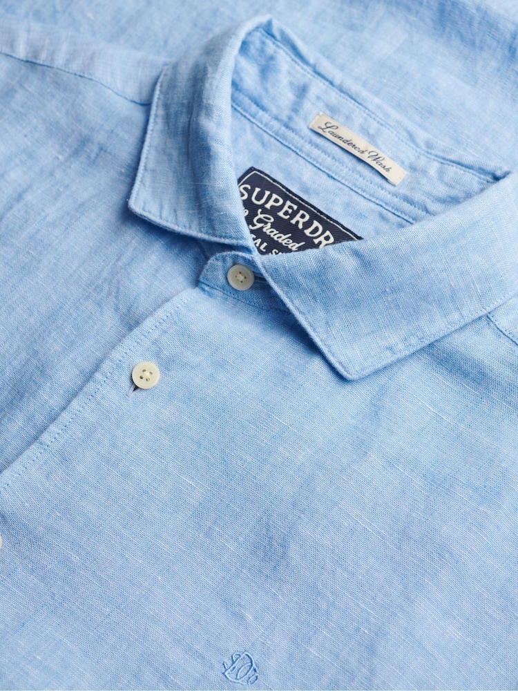 Superdry Sky Blue Chambray Riviera Short Sleeve Linen Shirt - Image 6 of 6