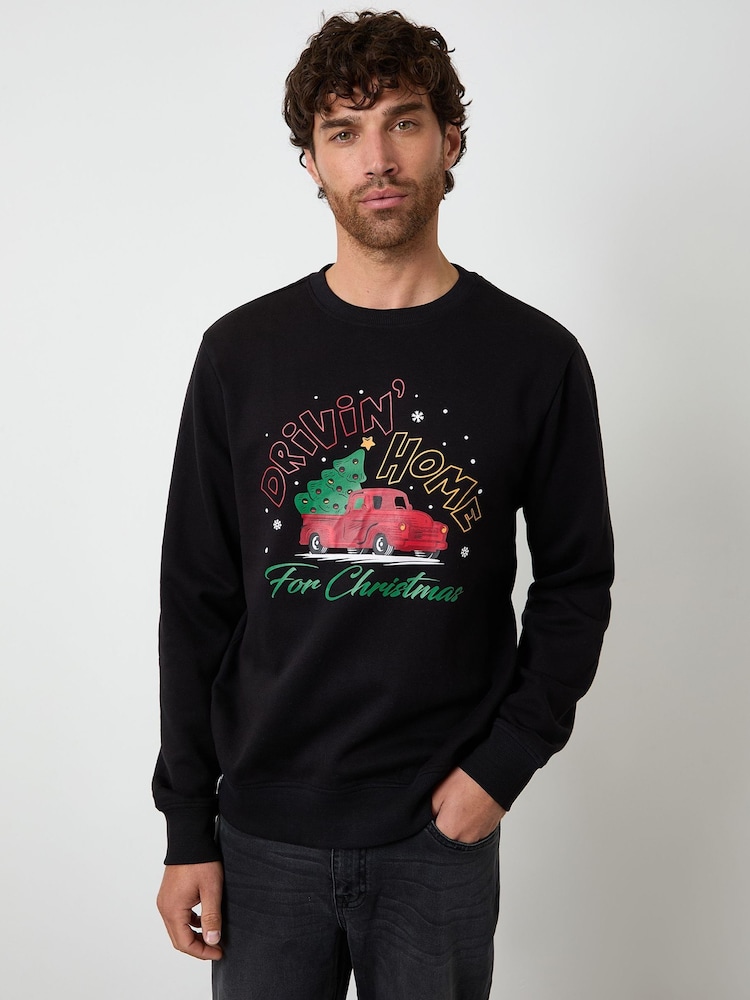 Threadbare Black Christmas Graphic Print Crew Neck Sweatshirt - Image 1 of 4 Threadbare Black Christmas Graphic Print Crew Neck Sweatshirt - Image 1 of 4