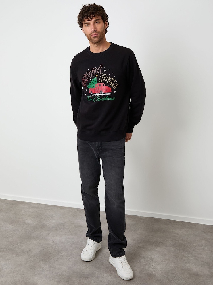 Threadbare Black Christmas Graphic Print Crew Neck Sweatshirt - Image 2 of 4 Threadbare Black Christmas Graphic Print Crew Neck Sweatshirt - Image 2 of 4