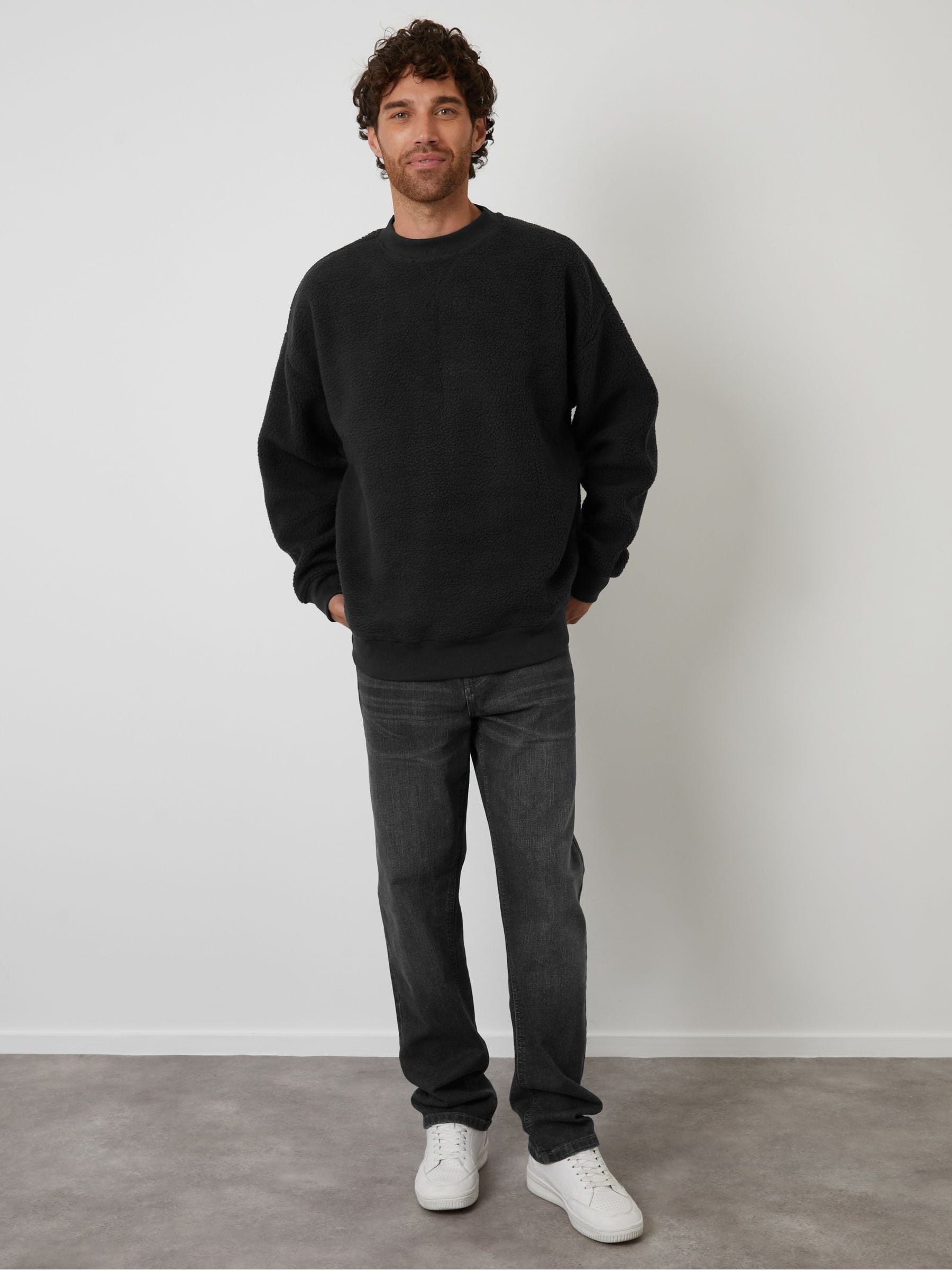 Buy Threadbare Black Crew Neck Relaxed Fit Borg Sweatshirt from