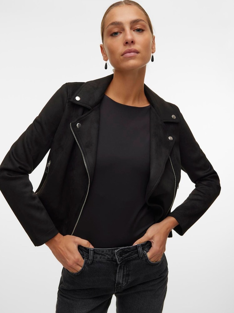 VERO MODA Black Faux Suede Biker Jacket - Image 1 of 5 VERO MODA Black Faux Suede Biker Jacket - Image 1 of 5