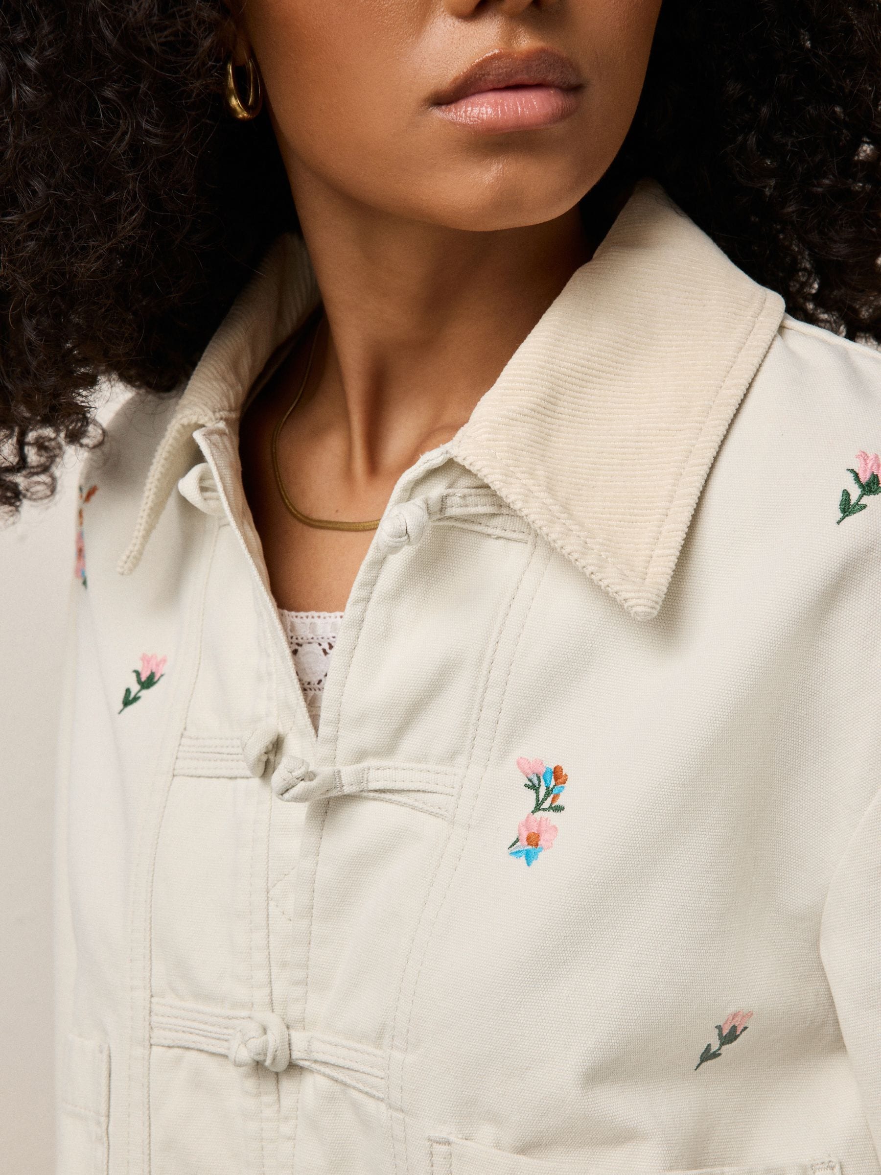 Buy Ecru Cord Collar Cotton Floral Embroidered Jacket from the