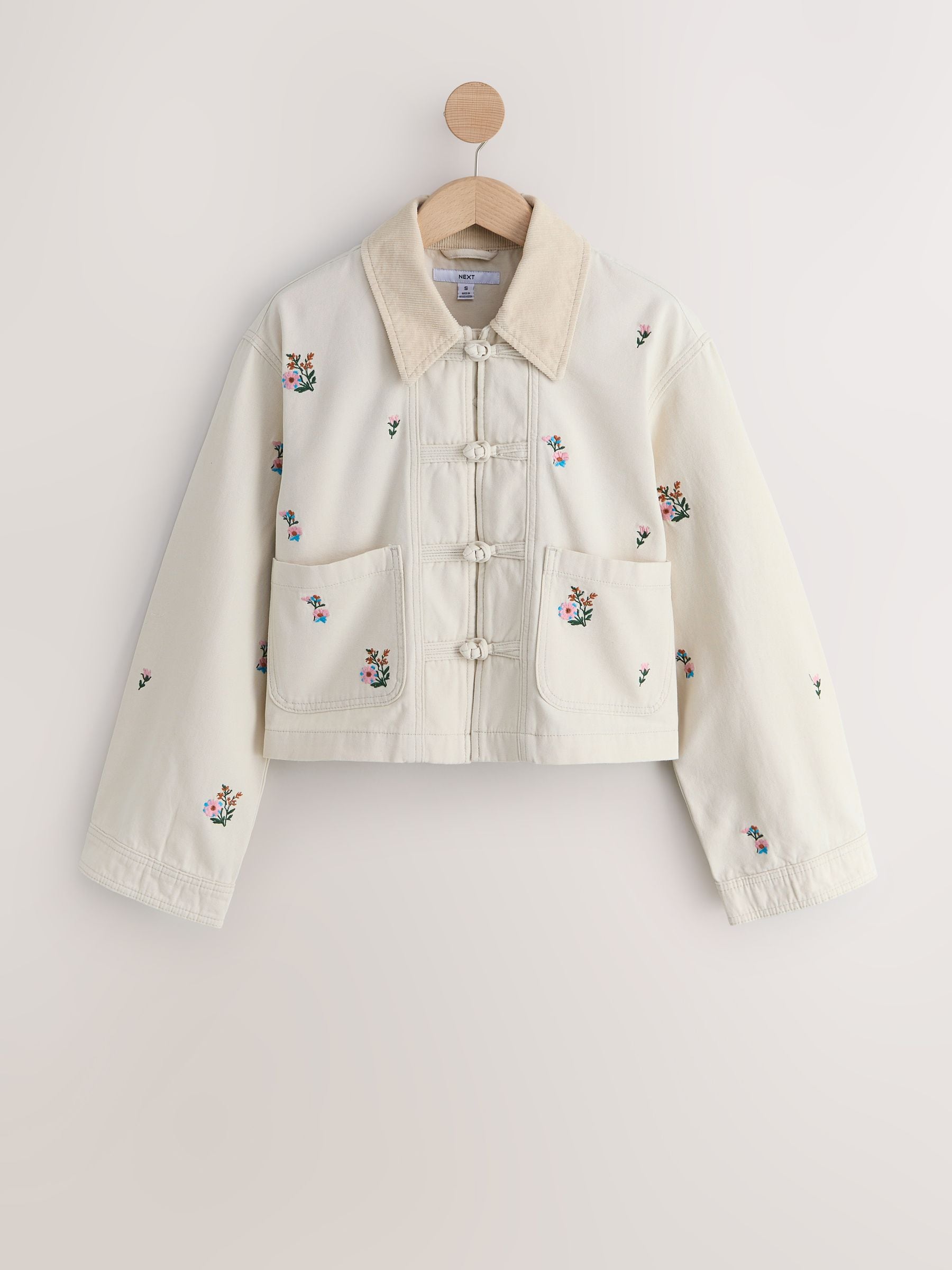Buy Ecru Cord Collar Cotton Floral Embroidered Jacket from the