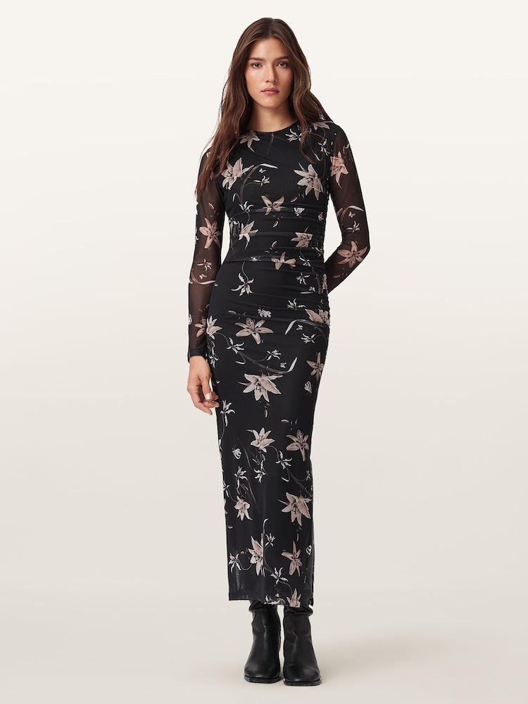 AllSaints Brown Caia Mesh Dress - Image 1 of 7