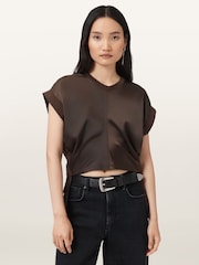 AllSaints Brown Mira Satin T-Shirt - Image 1 of 7
