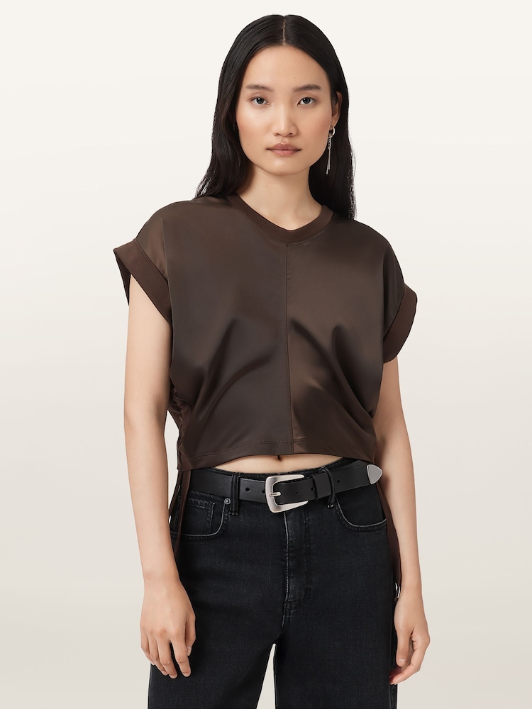 AllSaints Brown Mira Satin T-Shirt - Image 1 of 7