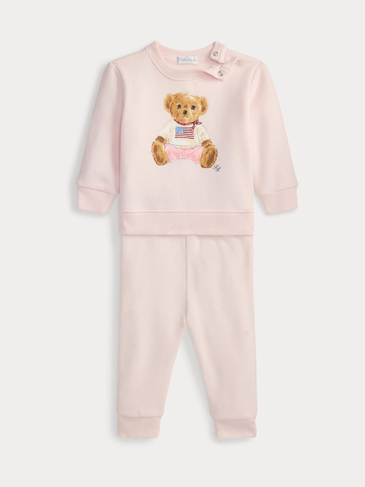 Polo Ralph Lauren Pink Baby Polo Bear Graphic Jersey Sweatshirt and Joggers Set - Image 1 of 3