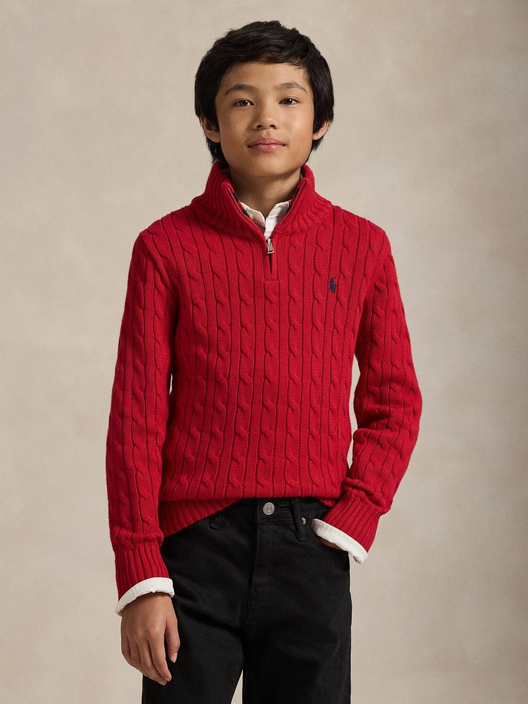 Satın al Kırmızı - Polo Ralph Lauren Kablo Örgü Çeyrek Fermuarlı