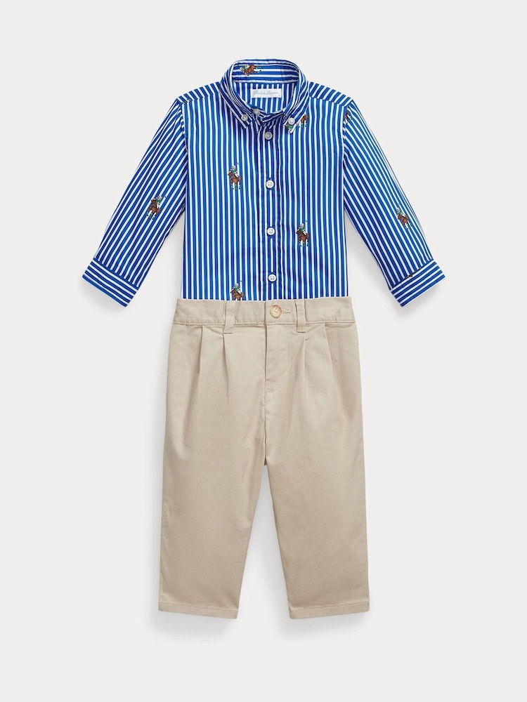 Polo Ralph Lauren Blue Baby Boy Stripe Poplin Shirt and Chino Trousers Set - Image 1 of 3