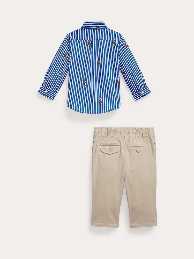 Polo Ralph Lauren Blue Baby Boy Stripe Poplin Shirt and Chino Trousers Set - Image 2 of 3