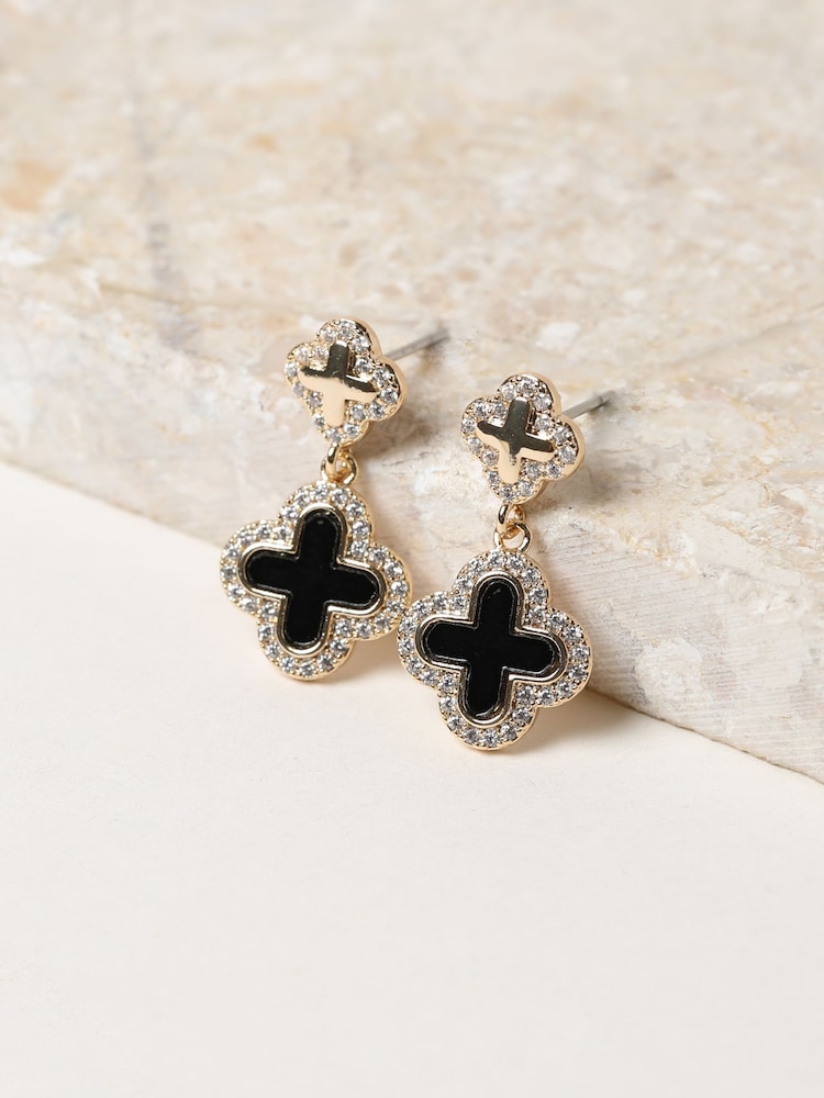 Jon Richard Gold Tone Pave Jet Enamel Clover Earrings - Image 2 of 2