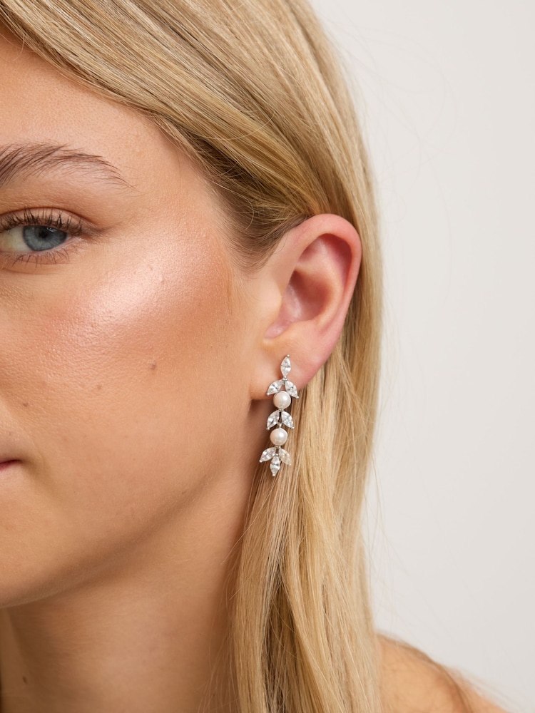 Jon Richard Silver Tone Pearl Crystal Leaf Drop Earrings - Image 4 of 4
