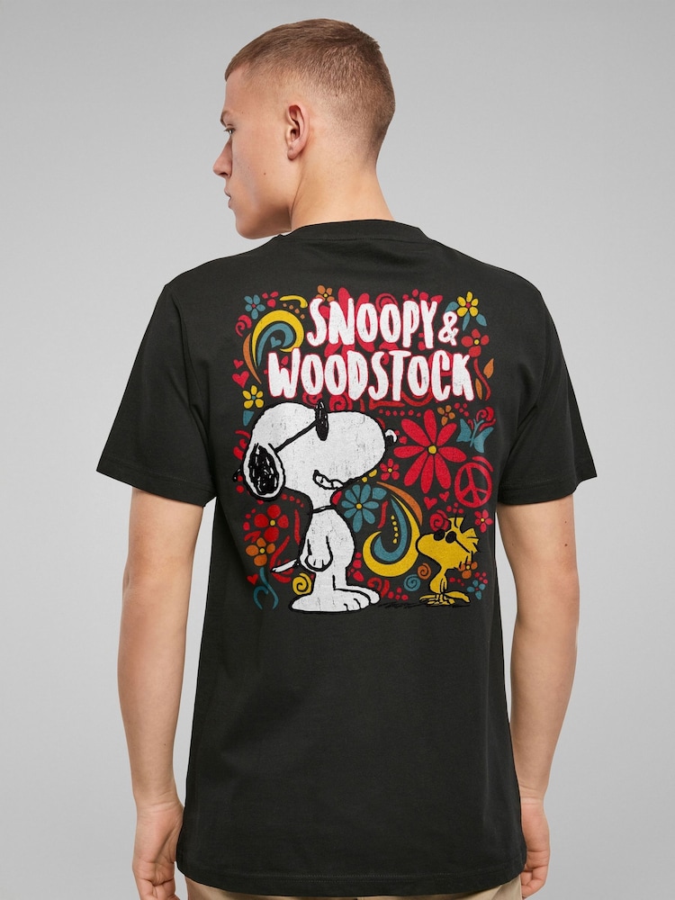 All + Every Black Peanuts 70s Floral Snoopy And Woodstock Back Print Mens T-Shirt - Image 1 of 4
