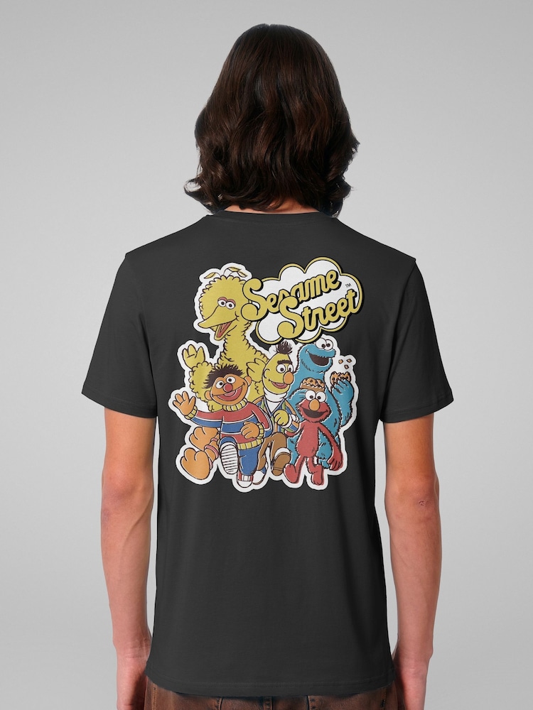 All + Every Black Sesame Street Characters Group Photo Back Print Mens T-Shirt - Image 1 of 4 All + Every Black Sesame Street Characters Group Photo Back Print Mens T-Shirt - Image 1 of 4