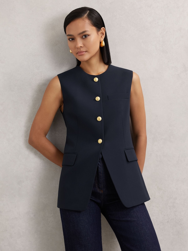 Reiss Navy Athena High-Neck Longline Waistcoat - Image 1 of 6