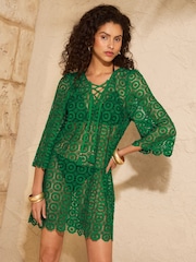 Love & Roses Bright Green Crochet Tie Front Kaftan - Image 2 of 4
