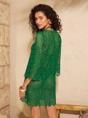 Love & Roses Bright Green Crochet Tie Front Kaftan - Image 3 of 4