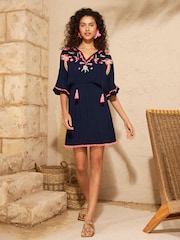 Love & Roses Navy Parrot Embroidered Mini Kaftan Cover Up - Image 2 of 4