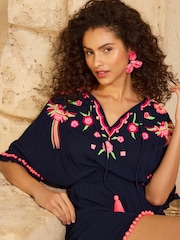 Love & Roses Navy Parrot Embroidered Mini Kaftan Cover Up - Image 3 of 4