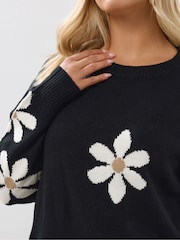 Yours Curve Black Conversational Flower Print Jumper - Image 4 of 5