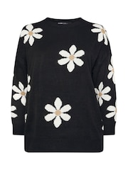 Yours Curve Black Conversational Flower Print Jumper - Image 5 of 5