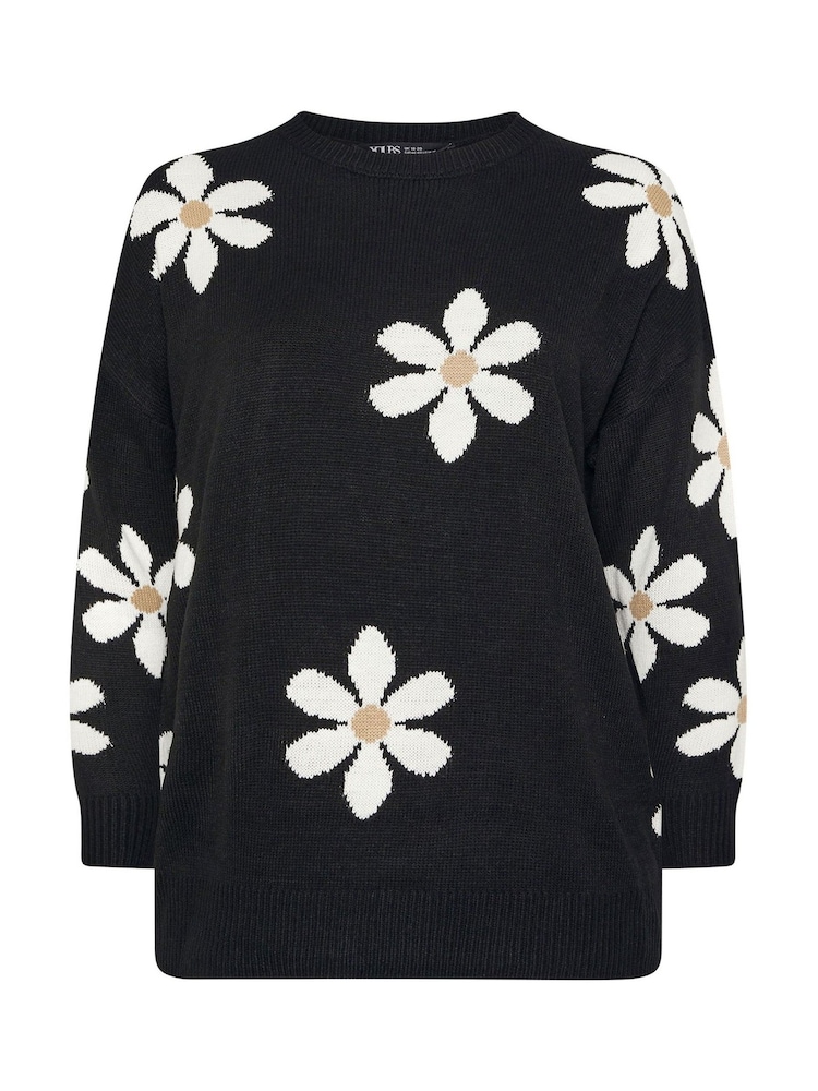Yours Curve Black Conversational Flower Print Jumper - Image 5 of 5