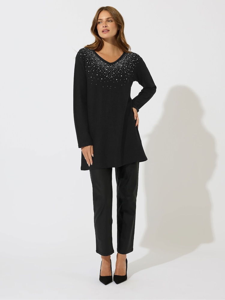 M&Co Black Diamonte Trim V-Neck Tunic Jumper - Image 2 of 5 M&Co Black Diamonte Trim V-Neck Tunic Jumper - Image 2 of 5