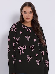 Yours Curve Black All-Over Print Bow Jumper - Image 1 of 2