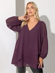 Yours Curve Purple London Bellow Long Sleeve Layered Blouse - Image 1 of 5