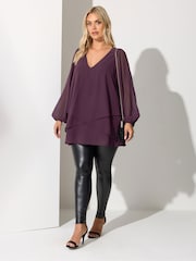 Yours Curve Purple London Bellow Long Sleeve Layered Blouse - Image 3 of 5