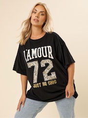 Yours Curve Black L'Amour Graphic T-Shirt - Image 1 of 5