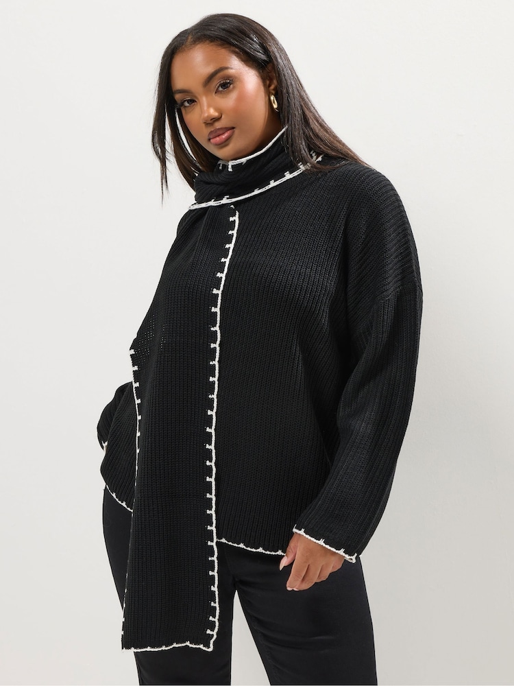 Yours Curve Black Blanket Stitch With Scarf Jumper - Image 1 of 6