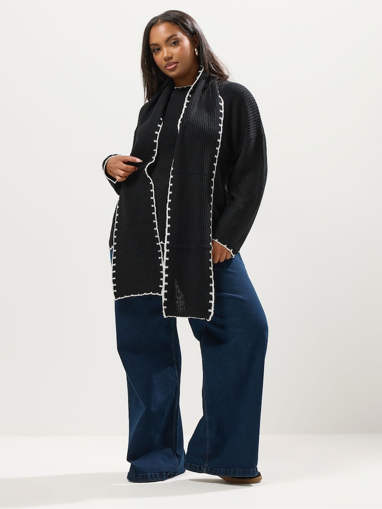 Yours Curve Black Blanket Stitch With Scarf Jumper - Image 2 of 6