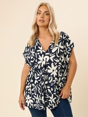 Yours Curve Blue Floral Textured Pleated Front Blouse - Image 1 of 5