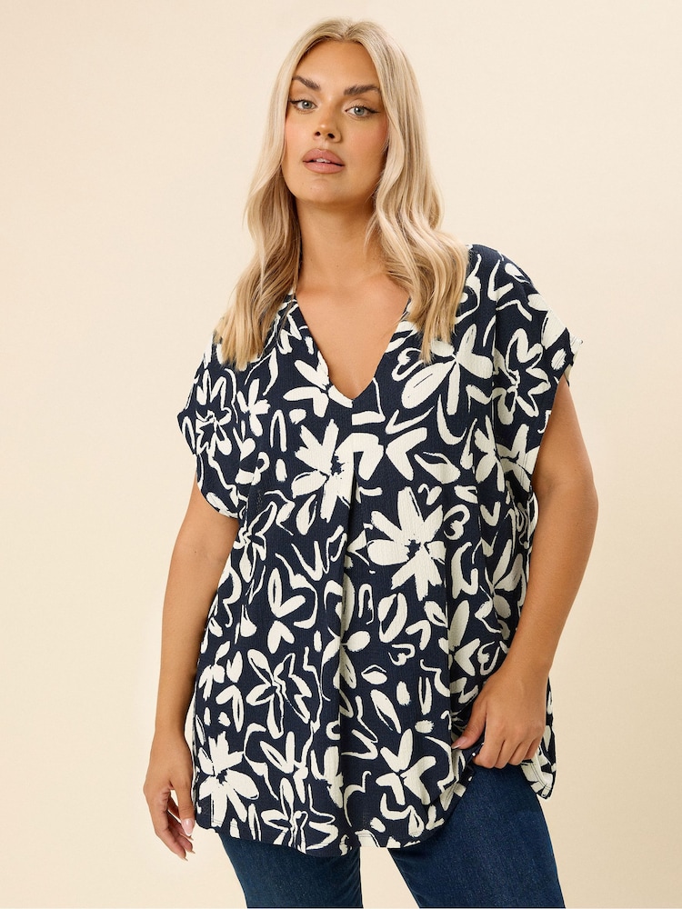 Yours Curve Blue Floral Textured Pleated Front Blouse - Image 1 of 5 Yours Curve Blue Floral Textured Pleated Front Blouse - Image 1 of 5