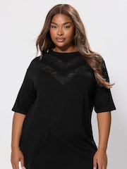 Yours Curve Black Oversized Lace Chevron T-Shirt - Image 1 of 5
