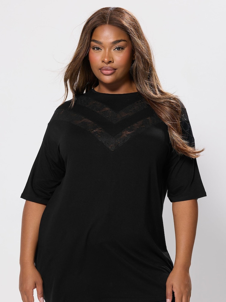 Yours Curve Black Oversized Lace Chevron T-Shirt - Image 1 of 5