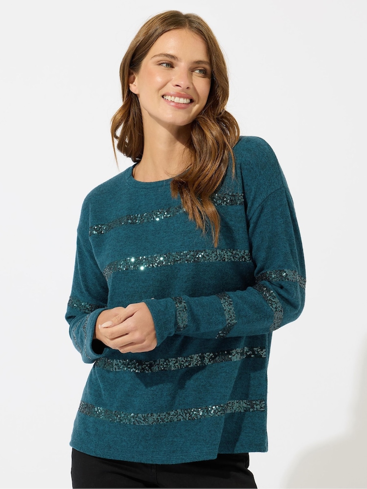 M&Co Green Sequin Stripe Jumper - Image 1 of 5