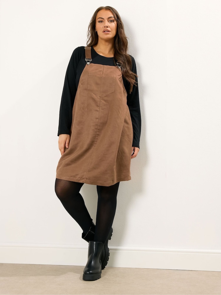 Yours Curve Brown Suede Pinafore Dress - Image 1 of 5 Yours Curve Brown Suede Pinafore Dress - Image 1 of 5
