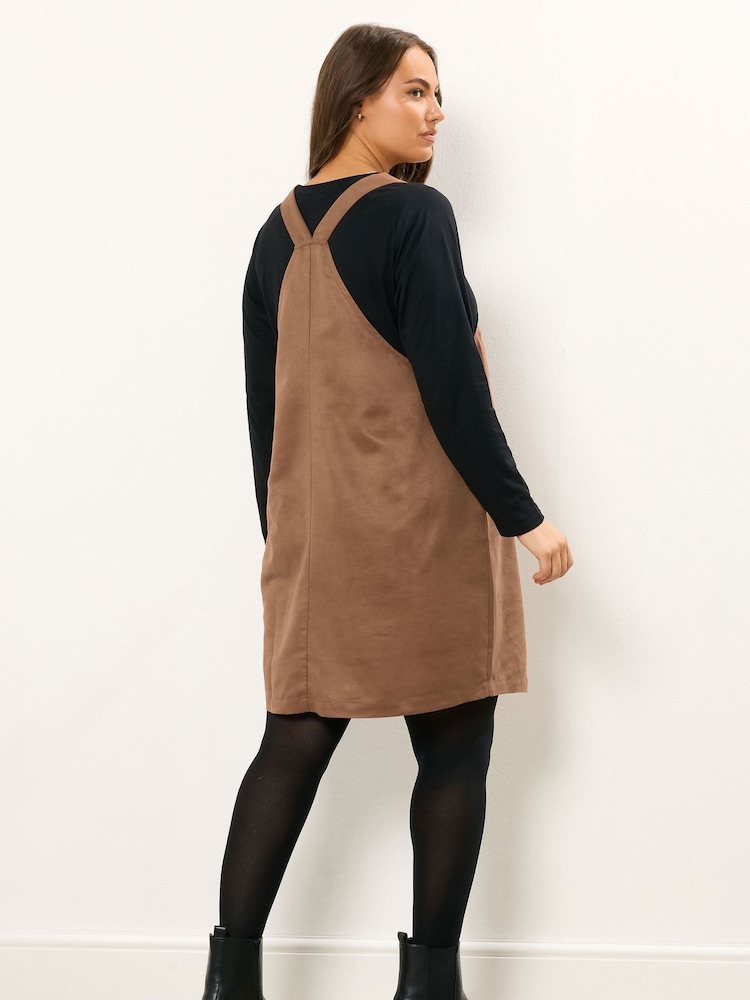 Yours Curve Brown Suede Pinafore Dress - Image 2 of 5 Yours Curve Brown Suede Pinafore Dress - Image 2 of 5