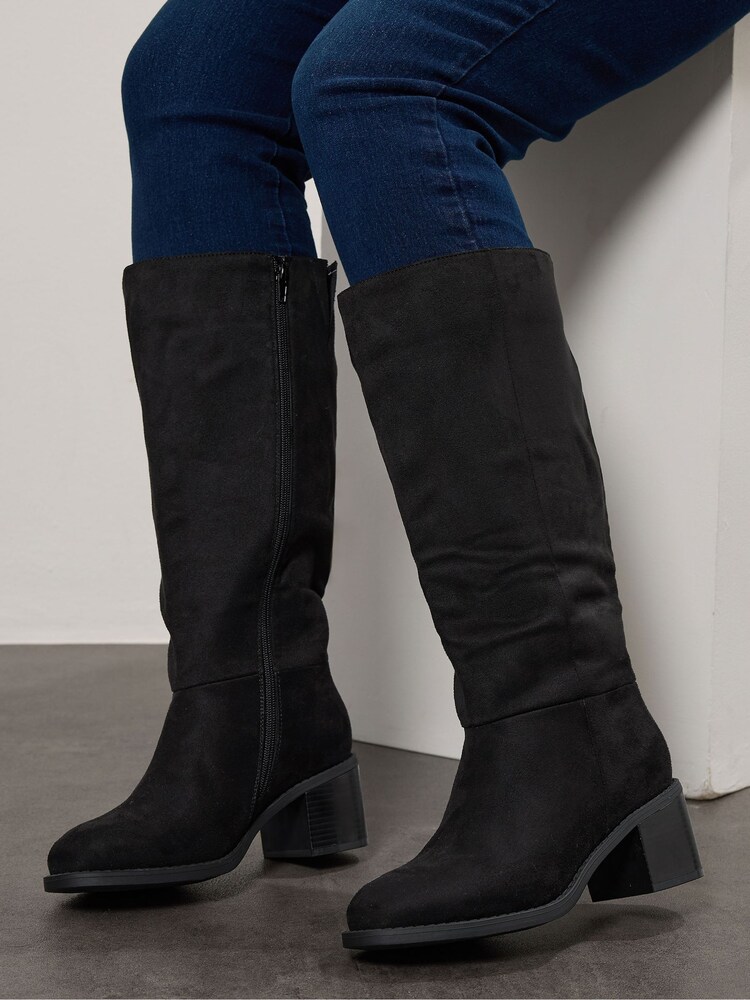 Yours Curve Black Wide Fit Block Heel Knee High Boots - Image 1 of 5