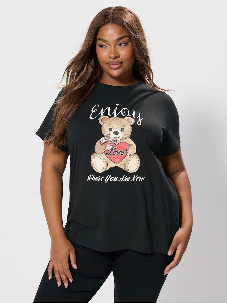 Yours Curve Black Placement Set In Sleeve T-Shirt - Image 1 of 5 Yours Curve Black Placement Set In Sleeve T-Shirt - Image 1 of 5