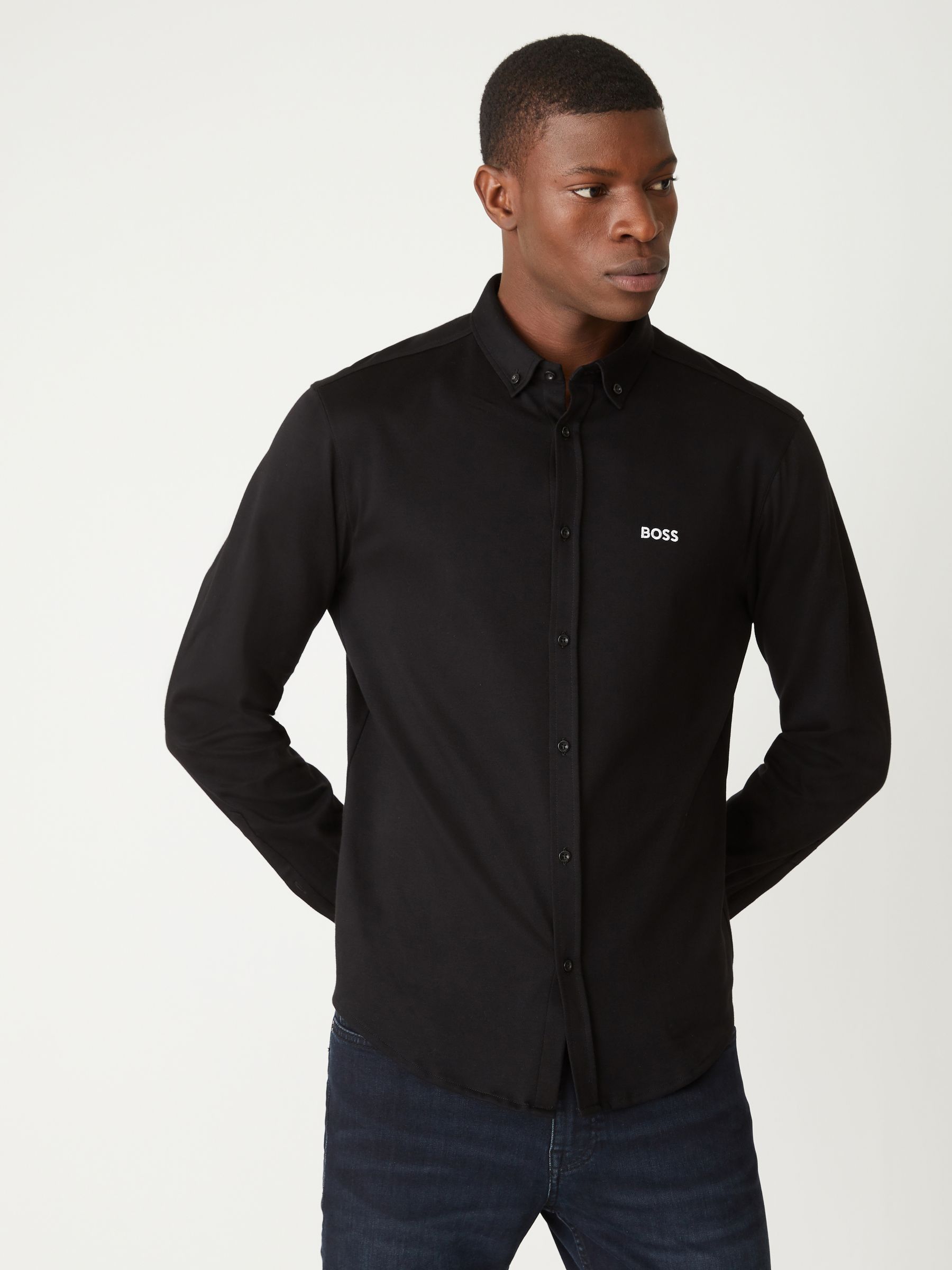boss black dress shirt ST Motion Long Sleeve - Male Invest in advanced comfort for work and formal events with this BOSS Menswear shirt Boss Men's Spread-Collar Button -Up
