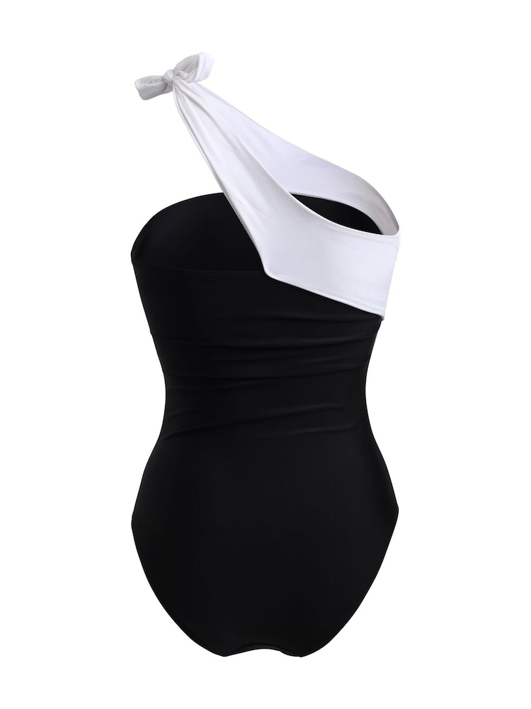 Linzi Black Talum Tie Detail One Shoulder Tummy Control Swimsuit - Image 4 of 4