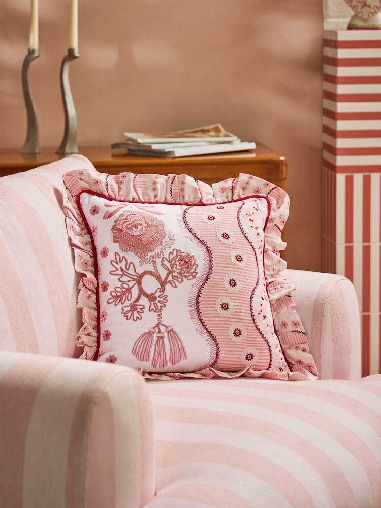 Cath Kidston Pink Spitalfields Embroidered Ruffle Edge Cushion - Image 1 of 3