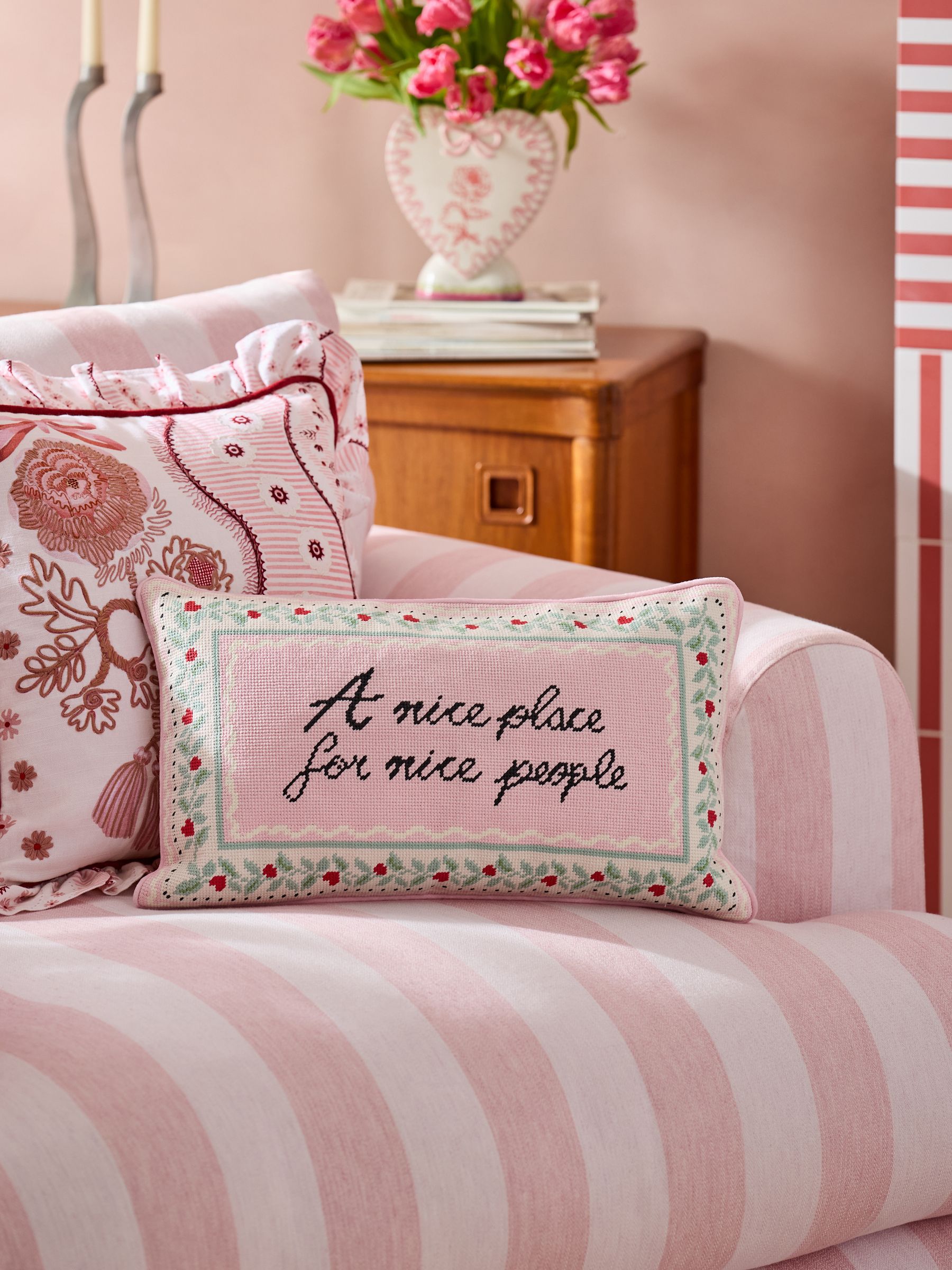 Cath Kidston Pink Nice Place Slogan Needlepoint Cushion