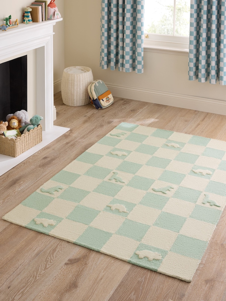 JoJo Maman Bébé Green Dinosaur Checkerboard Cotton Tufted Rug - Image 1 of 5